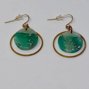 Handcrafted Green Marbled Resin Brass Round Dangle Earrings for Women